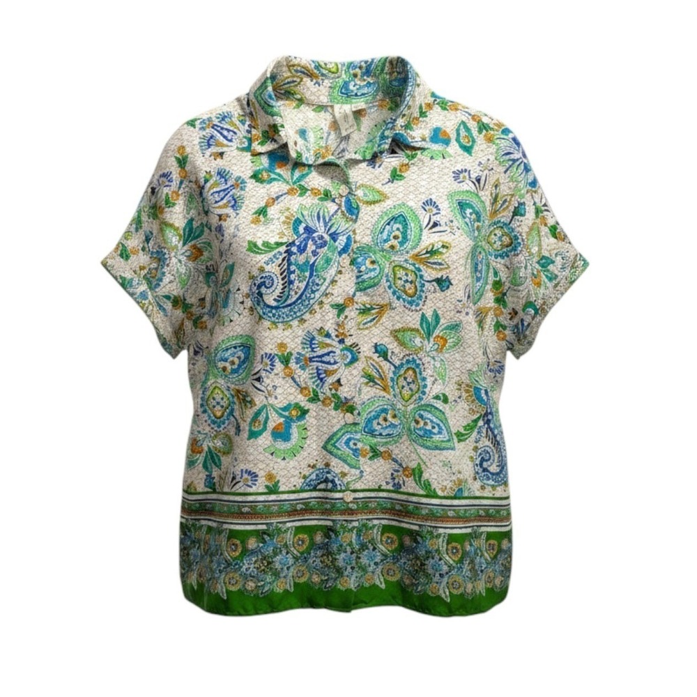 Joie Paisley Button Up Blouse Green Blue Short Sleeve Top Floral Casual Boho XS - Picture 1 of 6